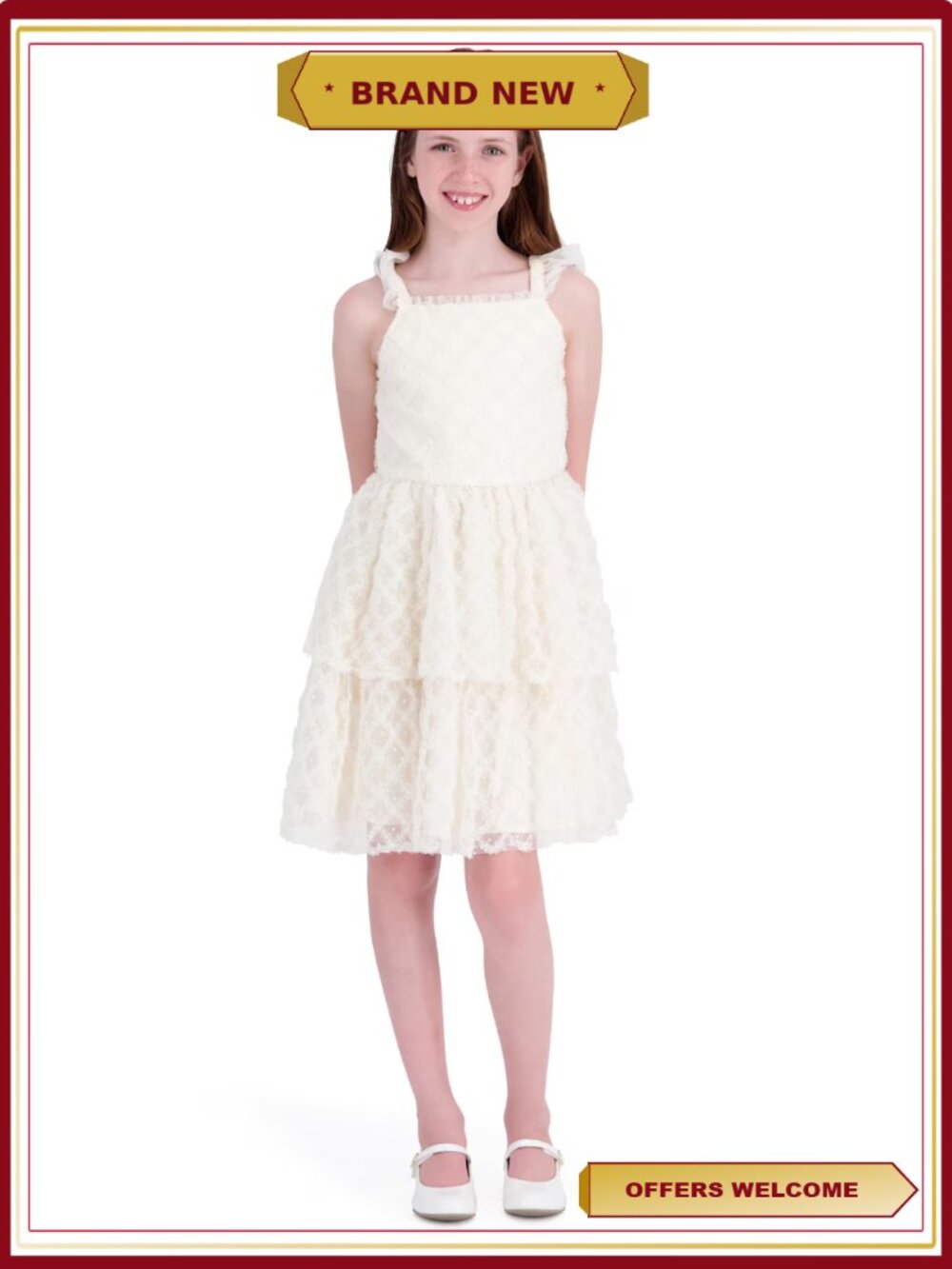 Girls Sleeveless Soutache Soft Mesh Dress Flutter Tank Smocked Back